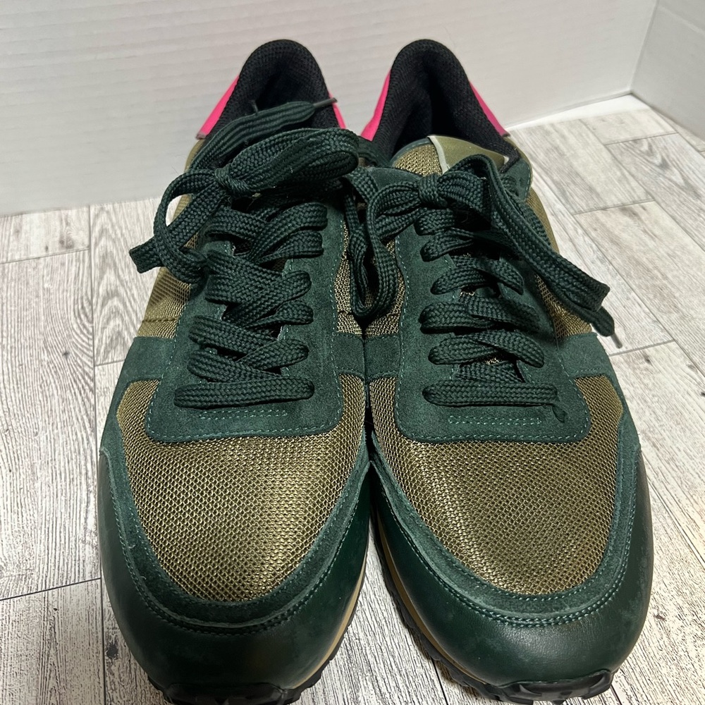 Valentino Rockrunner Olive Green Pink Animal Hair Sneakers Rockstud Low Top 41 - Picture 3 of 16